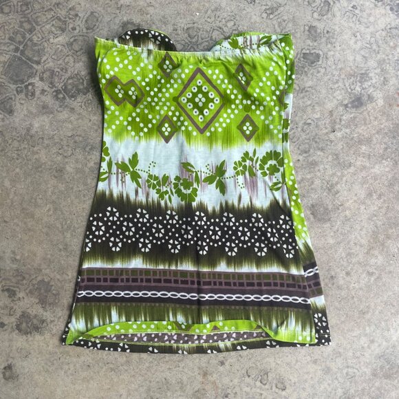 Vintage Y2K MKM Designs Size Medium Brown Green Leaf Tube Top Tie Front Blouse - Picture 3 of 6